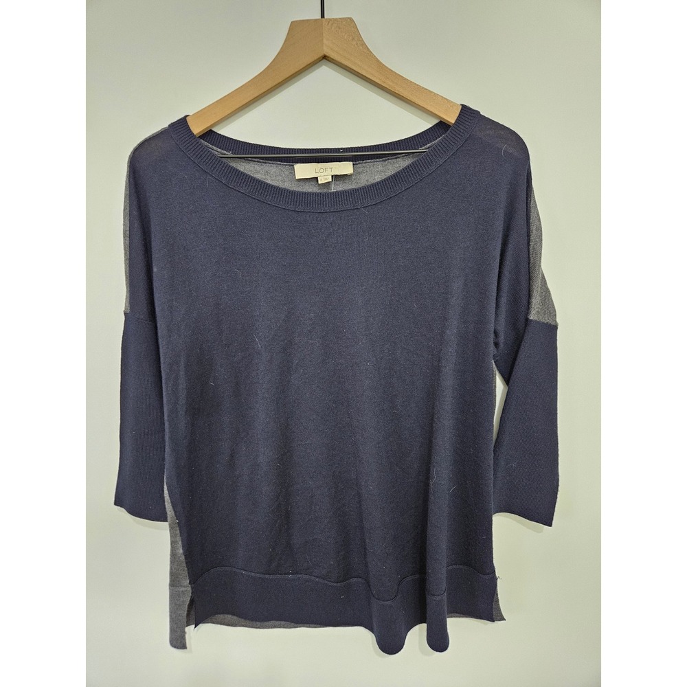 Ann Taylor Loft Merino Wool Blend‎ Colorblock Sweater Navy Gray Boat Neck Medium